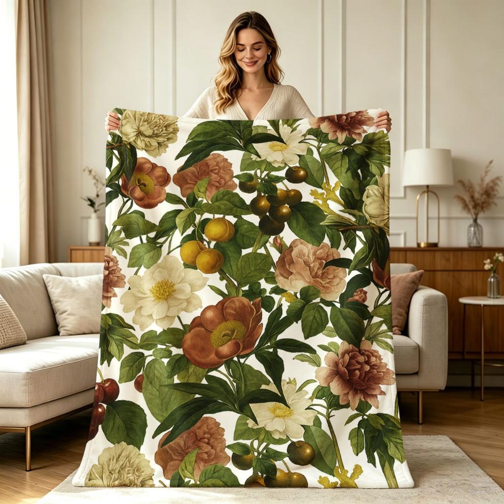 All Season Warm Flannel Blanket with Vintage Botanical Floral Fruit Print Soft Cozy Throw Blanket for Couch Bed Living Room Office Lounge