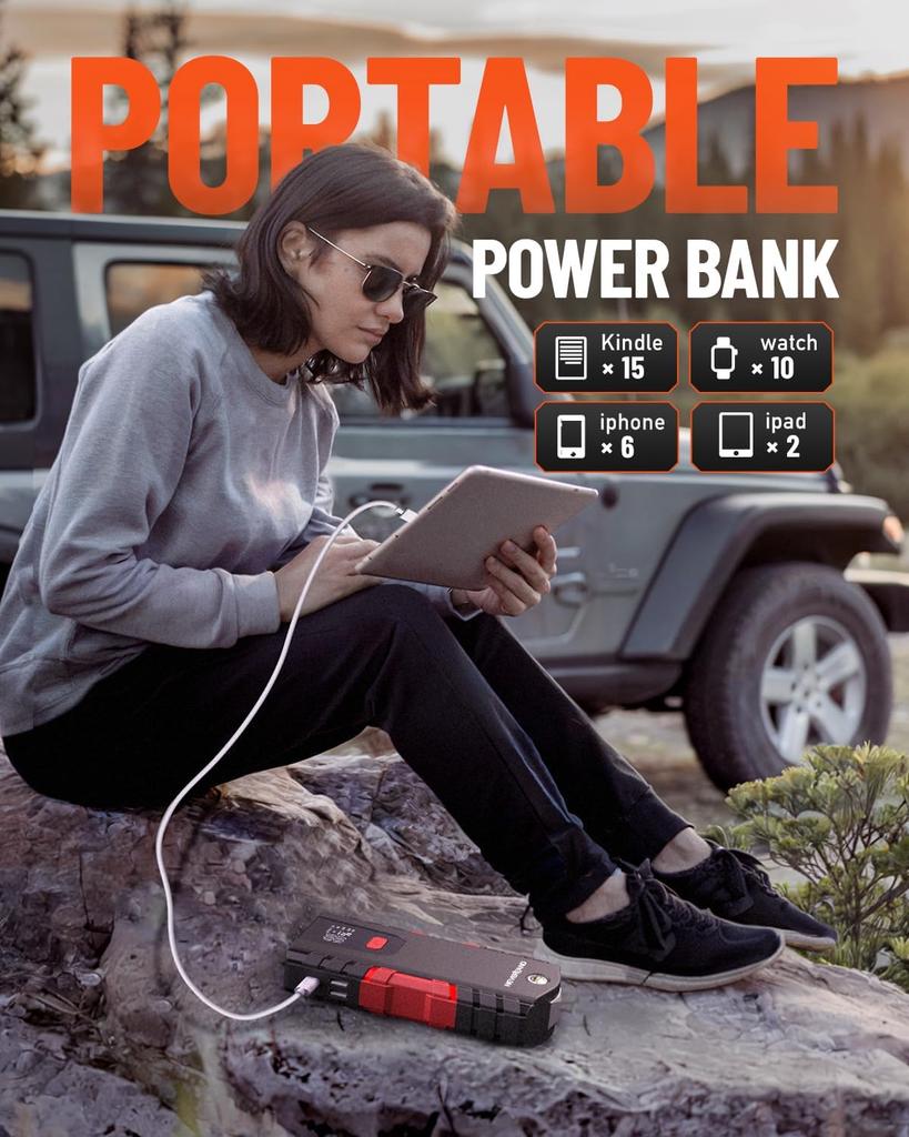 Car Battery Jump Starter 6000A, Portable Power Pack for 8.5L Gas/8L Diesel, 4-Mode LED Light, USB Ports, Compass, Red