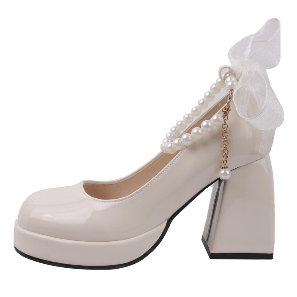 Retro pearl bow Mary Jane shoes women's 2025 spring and autumn new thick heel sweet high heels thick heel single shoes women