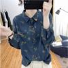 Floral Printed Long Sleeve Top Korean Retro Fashion Women Cotton Linen Autumn Shirt Digital Design Blouse