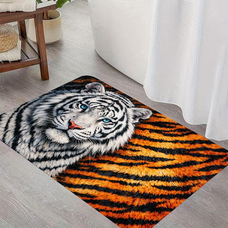 1pc, 2D Flat Printing, White Tiger Pattern Creative Mat for Entrance, Bathroom, Living Room, Home Footrest, Colorful Non-Slip, Machine Washable Polyes