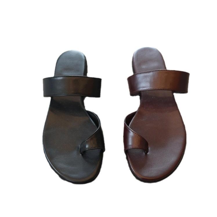 Genuine leather Korean version of simple set of toe slippers for women's outer wear summer new beach flat bottom with toe sandals half tray