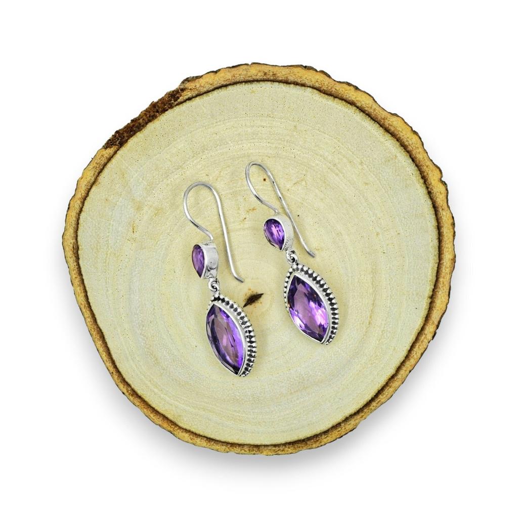 Natural Amethyst Dangle Earrings: 925 Sterling Silver Jewelry