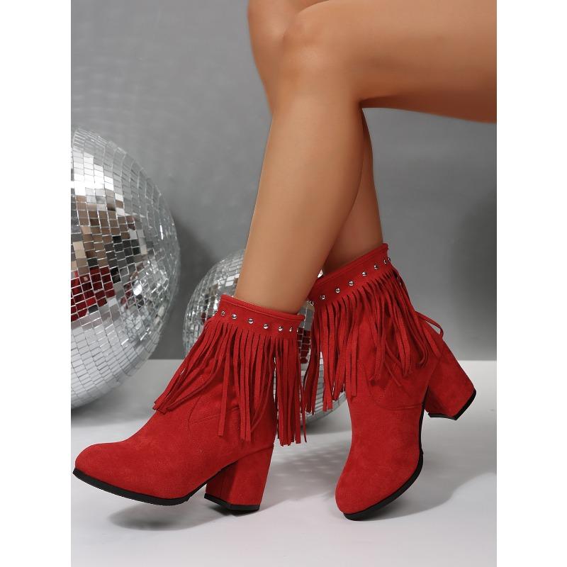 Rivet Suede Plus Size High Heeled Fashion Boots 2025 Winter New Fringed Boots for Women