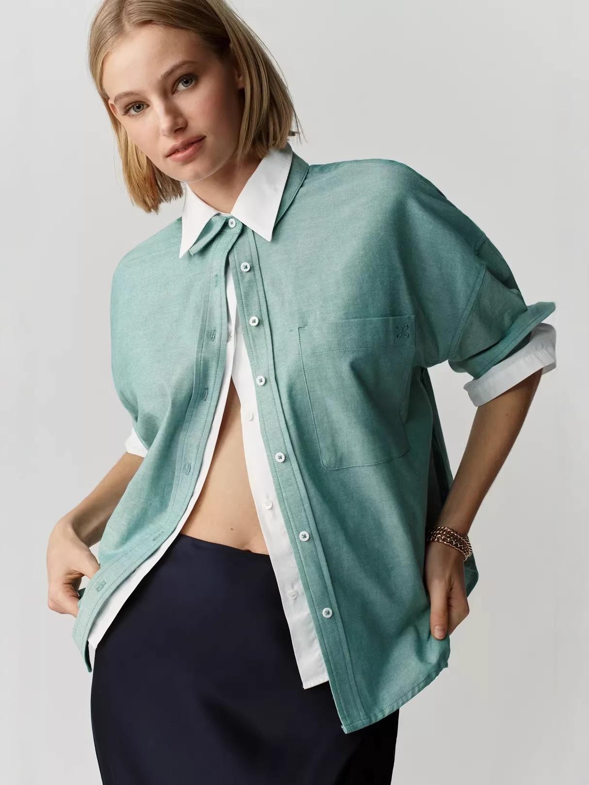 

Женская рубашка с карманом в полоску и пэчворк цвета мороженого - Коллекция Весна/Лето 2026 XL изумрудный/зелёный