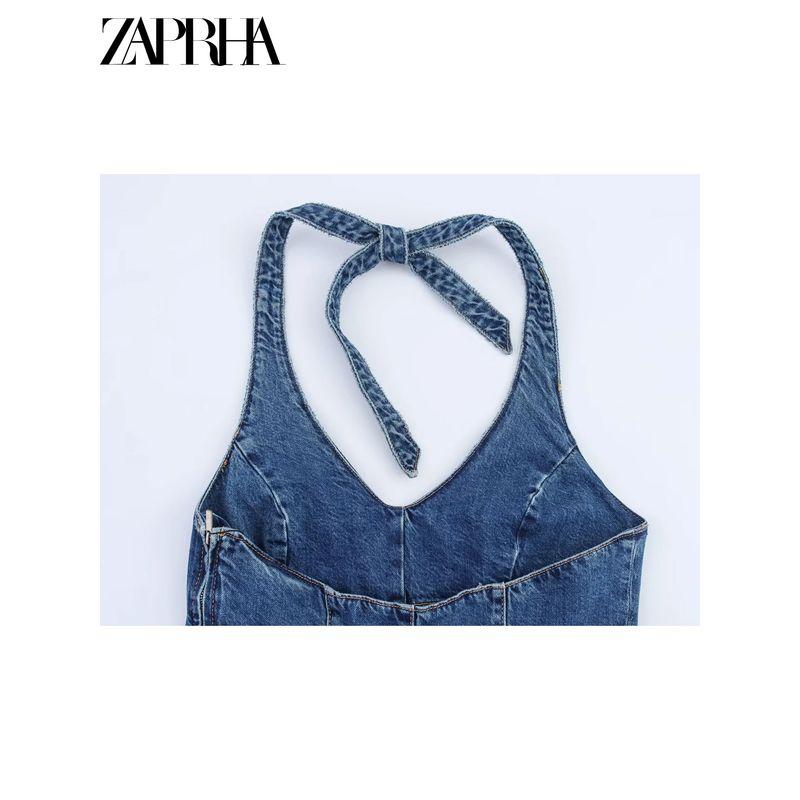 Zaprha 2025 New Neck Collar Backless Denim Jumpsuit Women Small Wide Leg Shorts 4365084