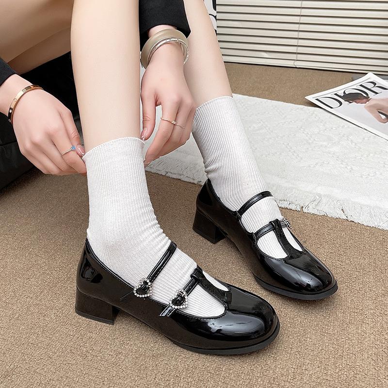 Fashion Spring Autumn Women Double Buckle Mary Janes Shoes Patent Leather Dress Lolita Shoes High Heels Pumps Retro Ladies tabi Shoes