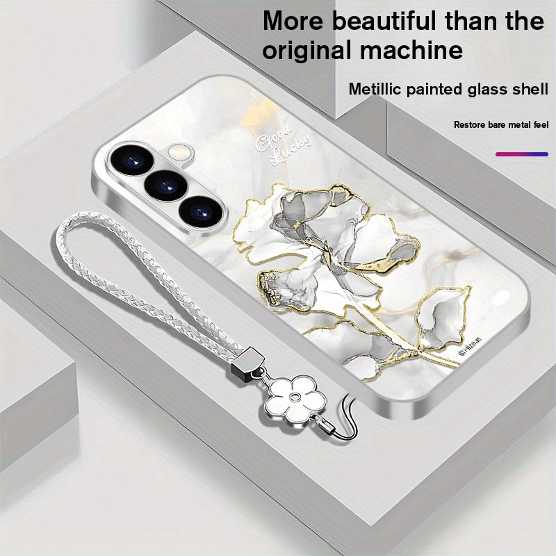 Vergoldetes florales Muster Glas Handyhülle geeignet für Samsung Galaxy S26 S25 S24 S23 S22 S21 S20FE/Ultra/Plus Anti-Drop Rückseite