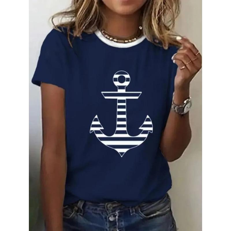 Women's 3D Printed T-Shirt Colorful Striped Boat Anchor Pattern Print Short Sleeve O-Neck Pullover Casual Top