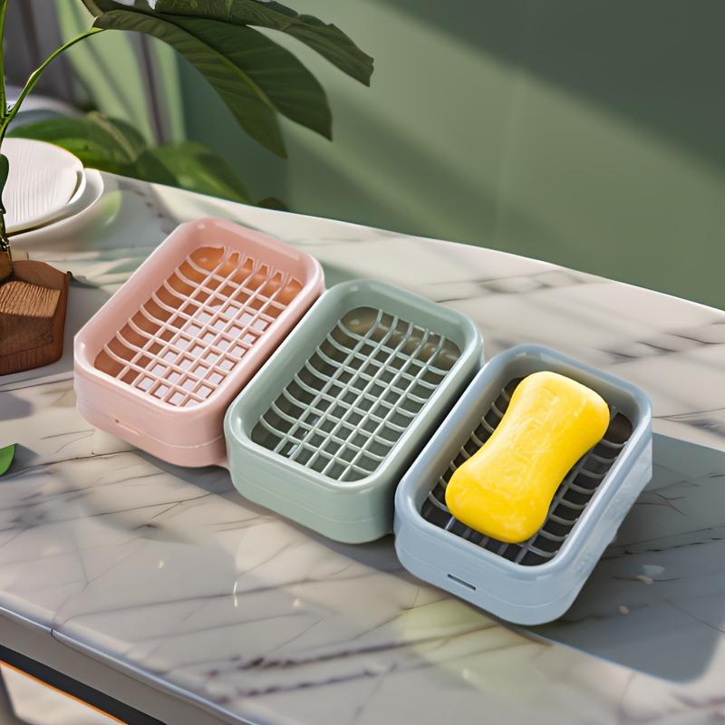 1pc Nordic Creative Soap Dish with Drainage, Double Layer Plastic Rectangular Soap Holder with Lid, Portable Bathroom and Laundry Soap Tray
