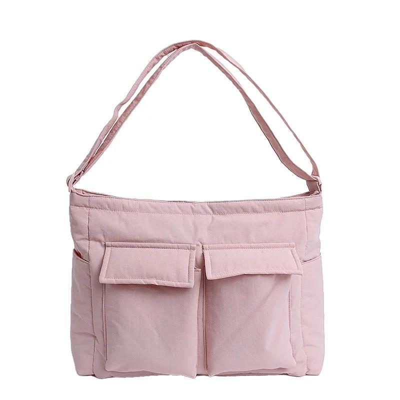 Large Capacity Nyl Solid Color Shoulder Bags Multiple Pockets Commuting Handbags 2026 Sewing Versatile Female Bags розовый