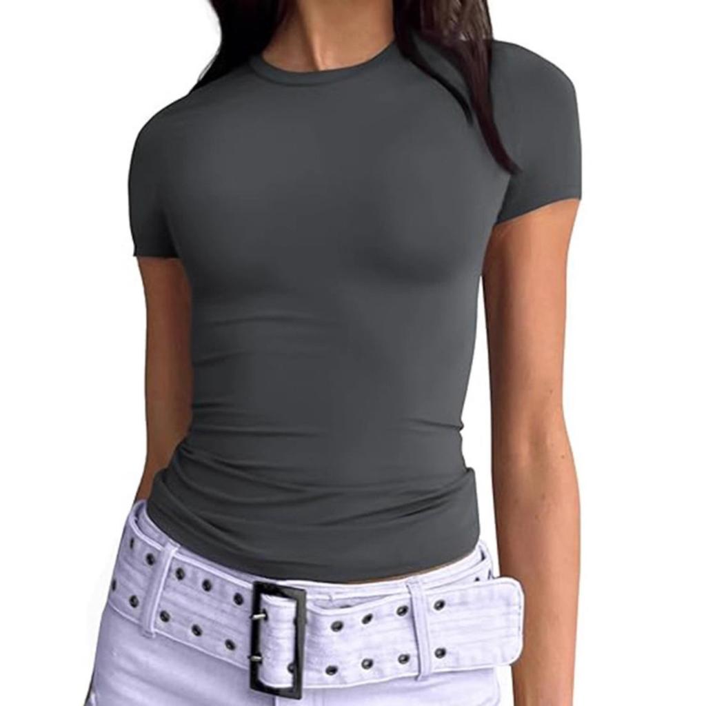 Sommer Damen Slim Fit Rundhals Milchseide T-Shirt, Y2K Mode Lässiges Crop Top für Damen