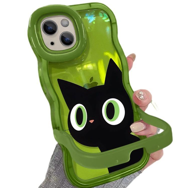 Applicable To Apple 15pm Mobile Phone Case IPhone 13 Big Eyes Black Cat 14 Wavy Edge Invisible Double Bracket 12/11