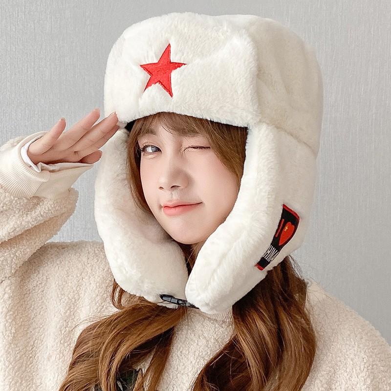 Warm Fleece Hat Women Men Winter Outdoor Cycling Windproof Ear Protection Cap With Red Star Design