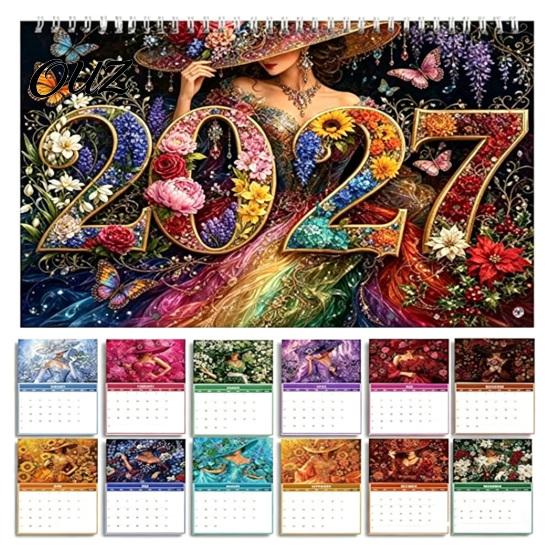 New Year Gift for Artists 2027 DIY Faux Diamond Art Hanging Calendar, Rhinestone Painting Illustration Seasonal Craft Enthusiasts Theme Spiral