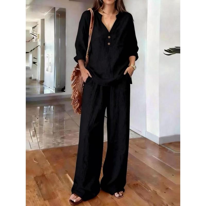 Women S Long Sleeve Solid Color Loose Casual Two Piece Set