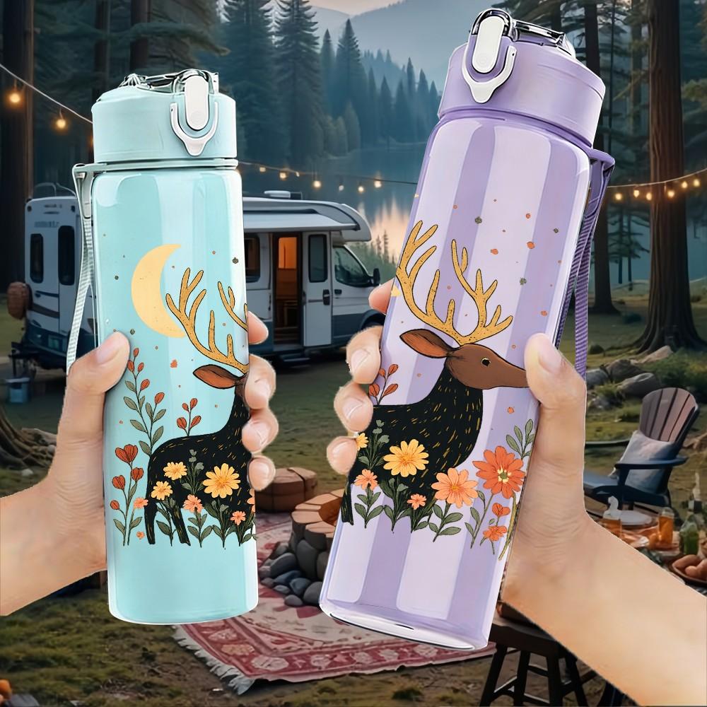1PC Autumn Floral Stag Deer 750ml Color Plastic Sports Water Bottle Leakproof Flip Straw Lid Suitable for Sports Office Home Use