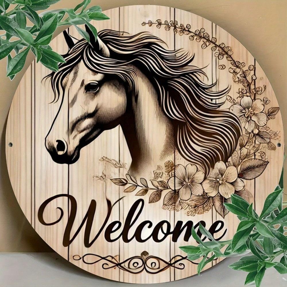 Vintage Metal Sign Horse Flowers Wall Decor 8x8 Inch