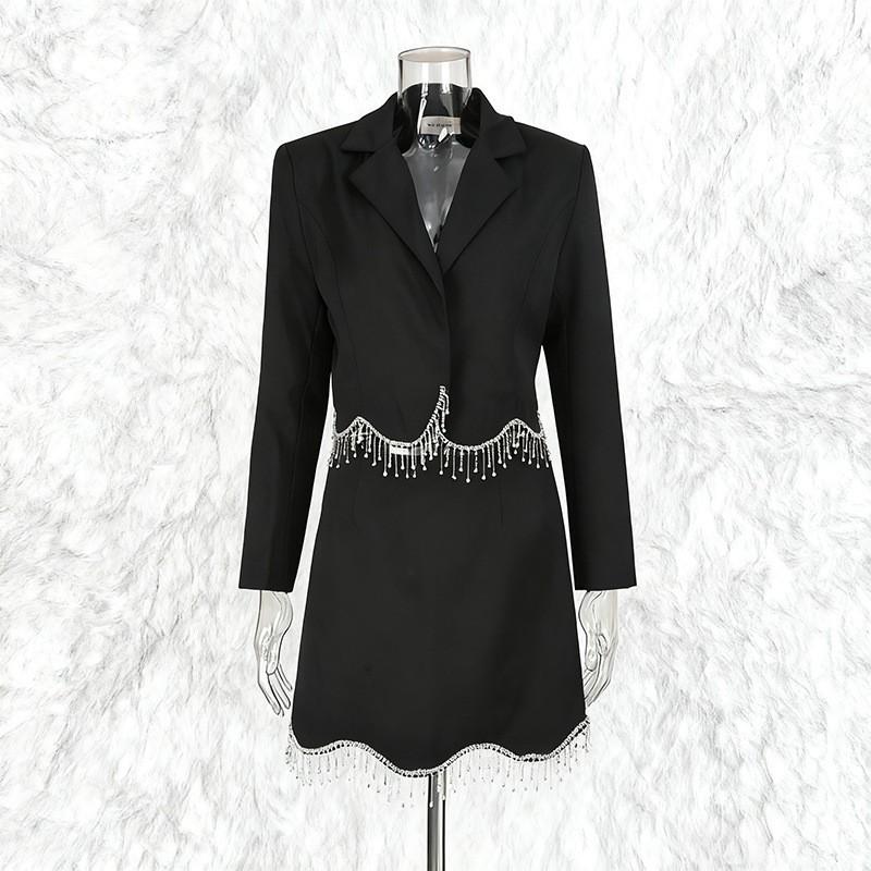 

High-quality Rhinestones Tassel Splicing Suit Lapel Short Slim Top + Solid Color A-line Skirt M чорний
