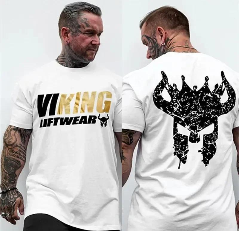 Viking Printed Sport Men's T-Shirt Gym Fitness Bodybuilding Clothing Slim Cotton T Shirt Male Summer Workout Training Tee Tops