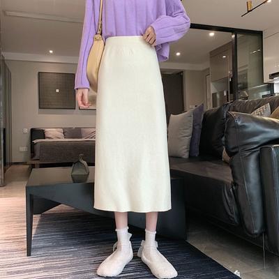 Gonna college a mezza lunghezza lavorata a maglia per donna, natiche divise, vita alta, gonna di lana di media lunghezza, gonna solida e versatile femminile