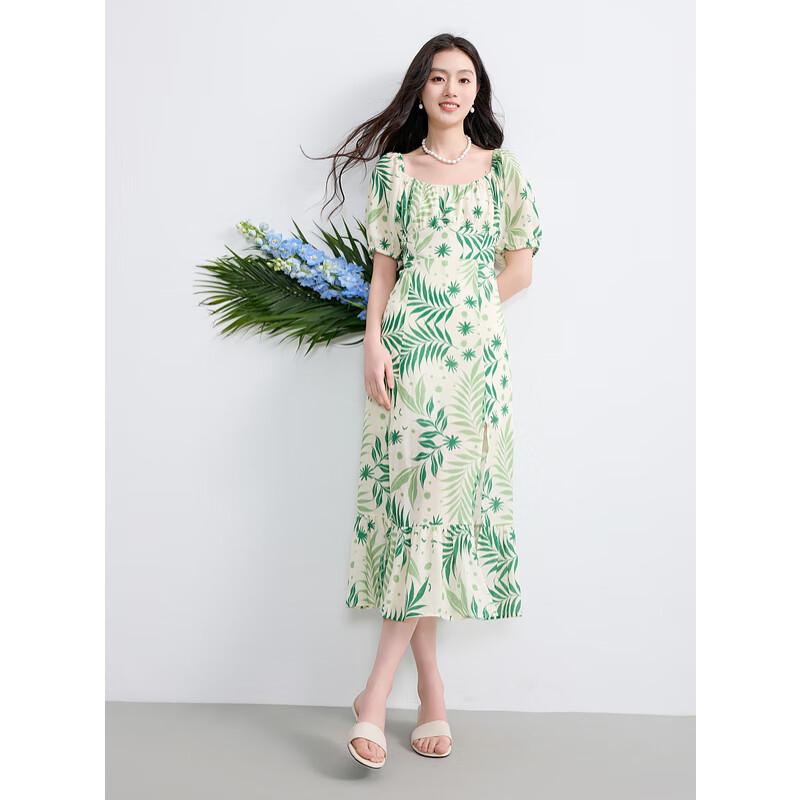 Lyocell Blend Square Neck A-Line Slit Maxi Dress S