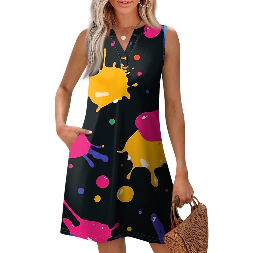 Women's Fashion Casual Printed V-Neck Button With Pocket Vest Sleeveless Dresses