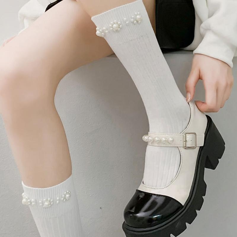 Simple Pearl Knee High Socks Cotton Calf Socks Sweet Knee High Stockings Lolitas Princess Socks for Womens Girls Gifts