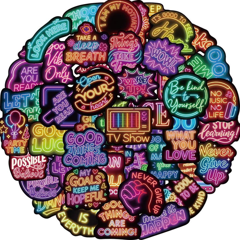 50 Pieces / 2 Designs of Neon Positive and Optimistic Quotes Sticker Handbooks for Luggage Box Decoration Stickers