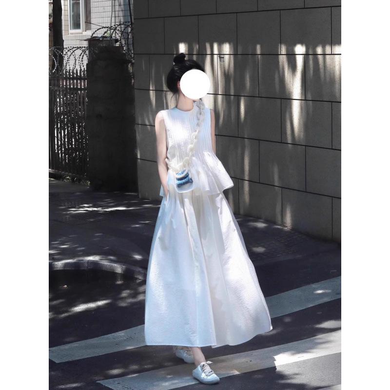 

2025 Sleeveless White Ruffle Top & Dress Set for Women - Summer French Style XL (Recommended 115-125 lbs)