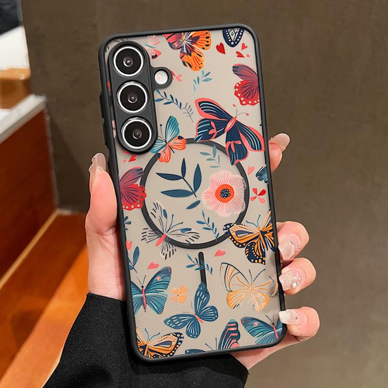 Creative Butterfly Flowers Pattern Case For Samsung Galaxy S26 Ultra S25 Edge S24 Plus S23 S22 S21 FE Magnetic For Magsafe Matte Cover