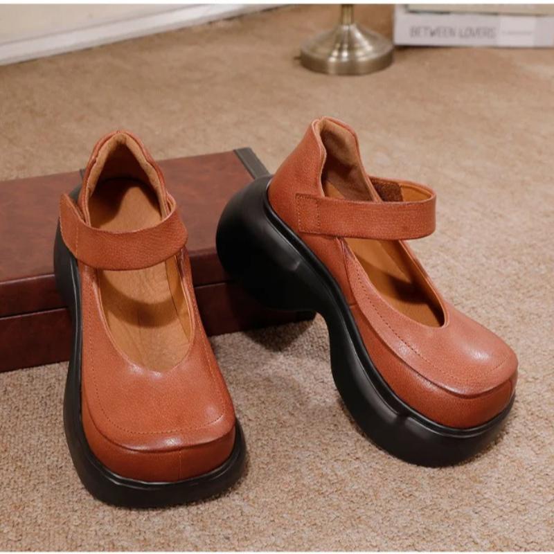 Johnature Plateau-Pumps Retro Echtes Leder Runde Spitze Vielseitige Damen-Plateauschuh