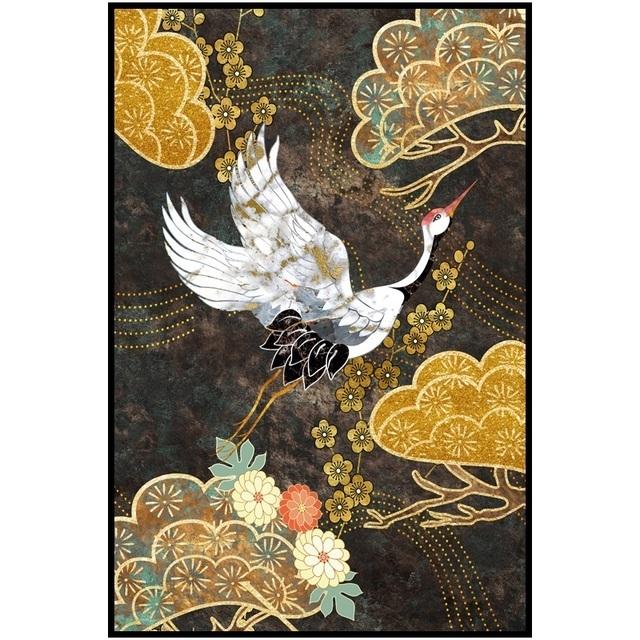 Retro Chinese Style Gold Flying Crane Abstract Sun Animal Canvas Painting Birds Posters Prints Wall Painting for the Living Room