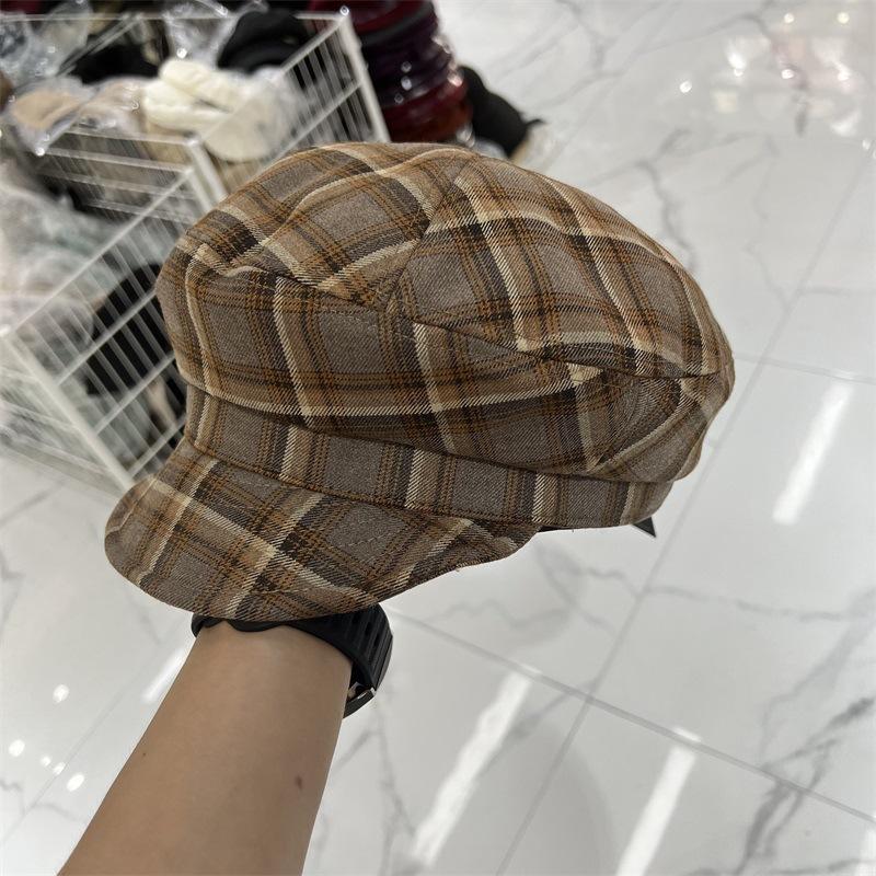 New retro polished plaid soft brim cap women's literary small fresh beret pastoral newsboy hat