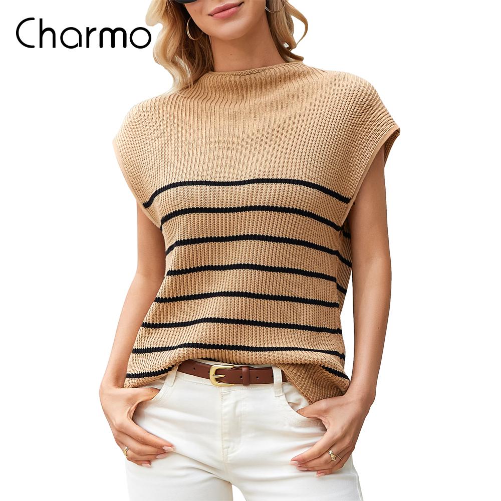 

Charmleaks Женский свитер-жилет с воротником-стойкой, свободные свитера, безрукавки, повседневные трикотажные хлопковые майки с короткими рукавами XL хаки