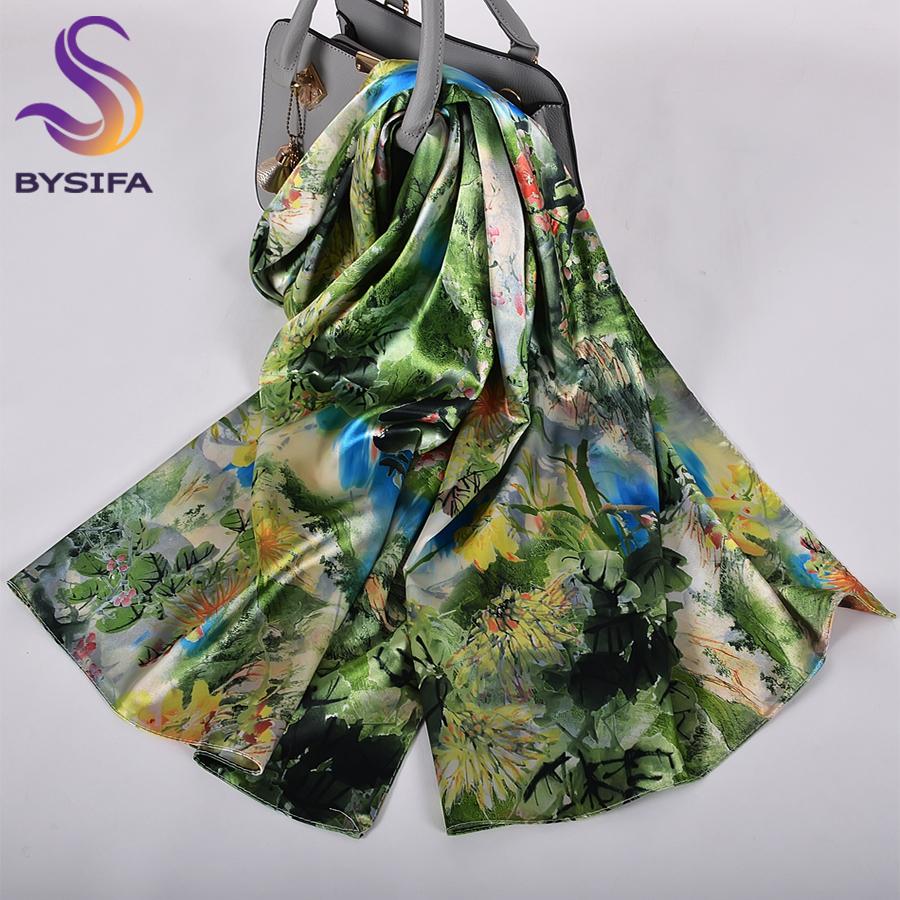 [BYSIFA]  Green Blue Ladies Satin Long Silk Scarf Shawl New Fashion Brand Scarves Printed Spring Fall Female Head Scarf 160*70cm