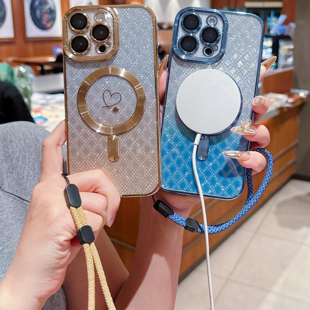 Lanyard Magnetic Gradient Color Glitter Bling Camera Lens Protect Bumper Phone Case For iPhone 17 Air 16 15 Pro Max Samsung S25 S24 Protective Cover