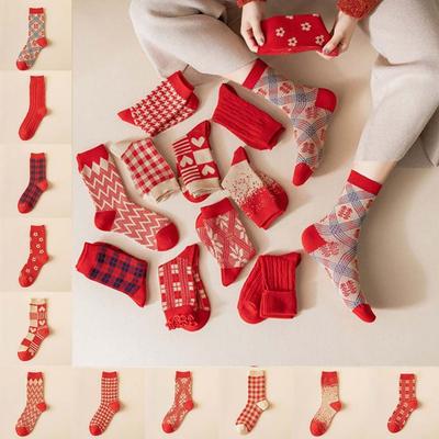 Cotton Socks Middle Tube Socks Soft Autumn Winter Red Socks New Year Women's Socks  Autumn