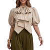European and American New Design Bow Solid Color Lantern Sleeve Top Stand-up Collar Casual Short Shirt Women