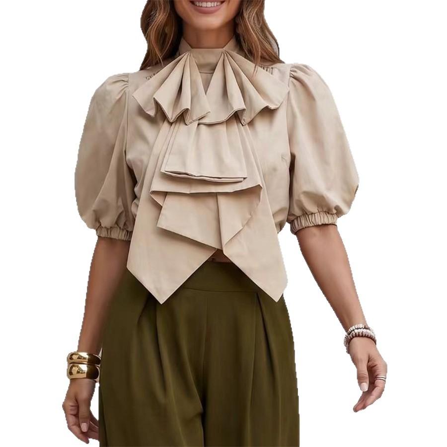 European and American New Design Bow Solid Color Lantern Sleeve Top Stand-up Collar Casual Short Shirt Women