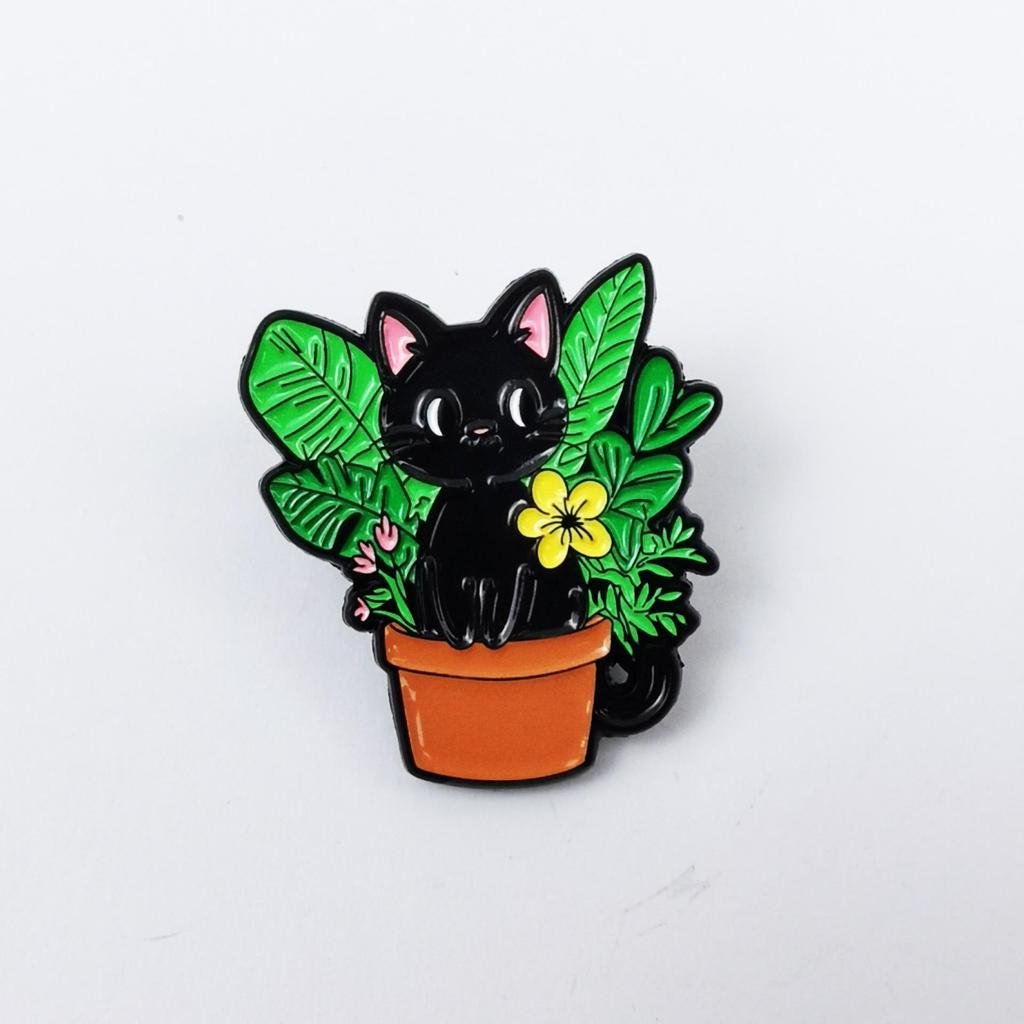 Cute Black Cat Potted Plant Brooch - Cartoon Animal Alloy Accessory for Backpacks & Clothing