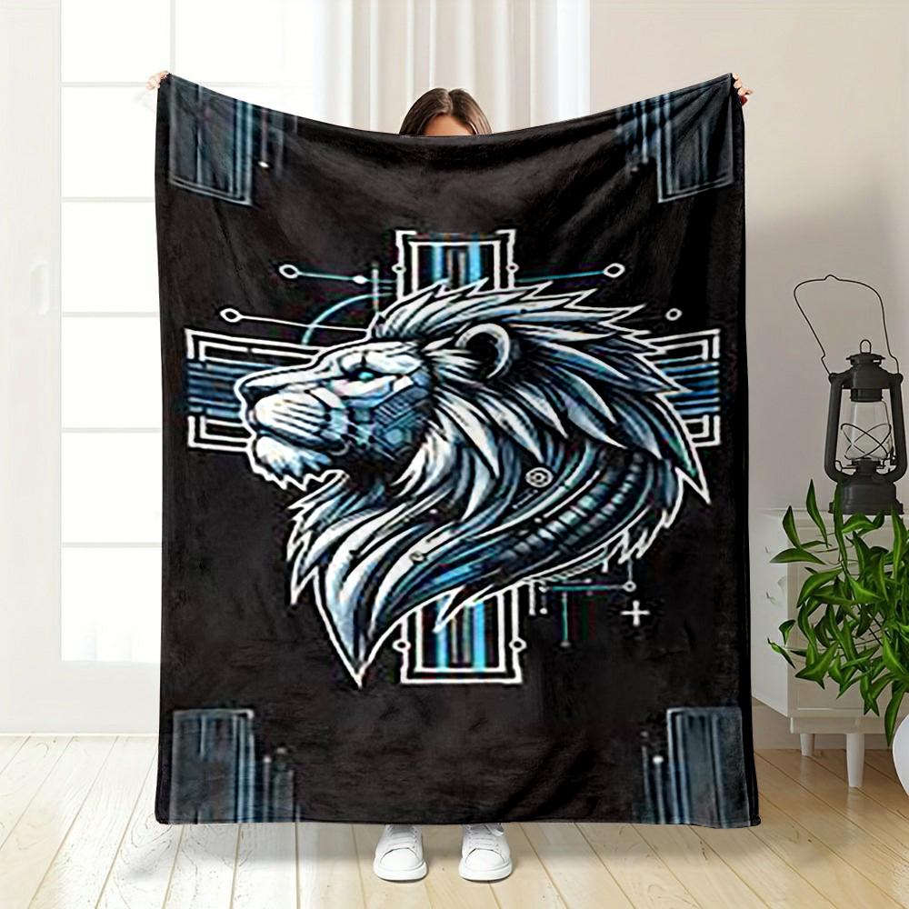 Futuristic Lion Illustration with Geometric Design Flannel blanket for bedroom, living room, sofa, and nap.