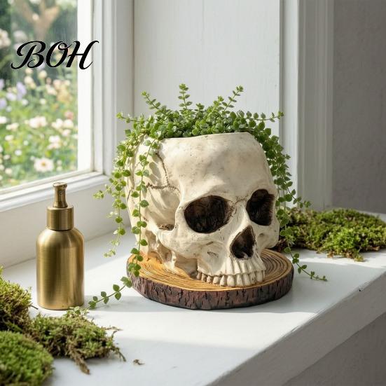Skull Themed Art Halloween Retro Planter, Spooky Gothic Human Head Flower Pot, Indoor Potted Plant Pot Skeleton Candy Bowl Decoration for Tabletop