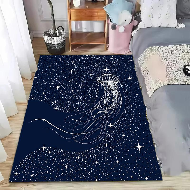 Navy Blue Starry Whale Print Area Rug Non-slip Floor Mat Ocean Animal Pattern Carpet Home Decoration for Bedroom Living Room