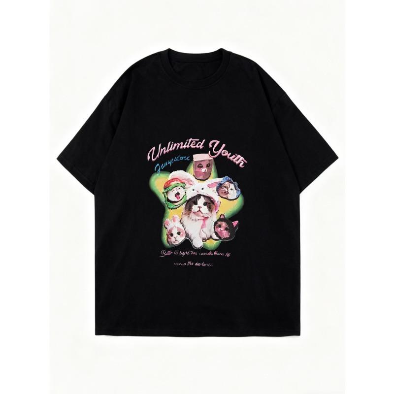 Oversized T-Shirt Black Unlimited Youth Graphic Print With Cute Animals And Text Design For Casual Wear And Street Style