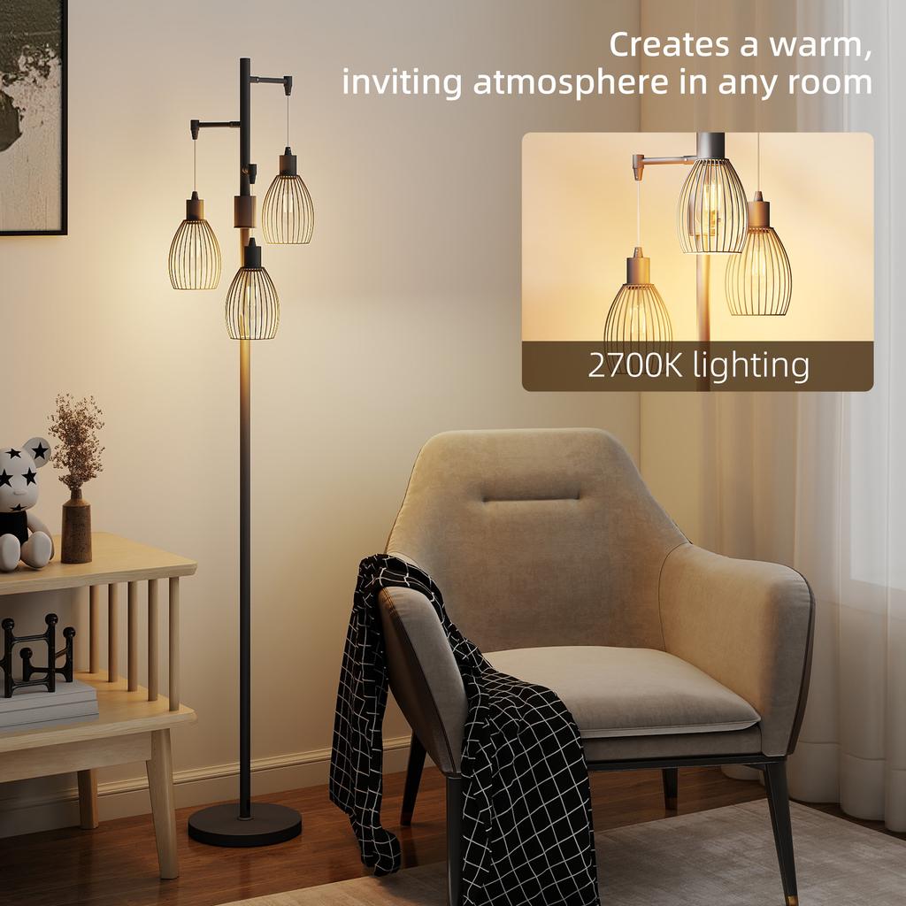 3-Light LED Floor Lamp, 170cm Industrial Dimmable Standing Lamp with Steel Wire Cage Lampshades, 2700K for Living Room, Bedroom, Dining Room, Study