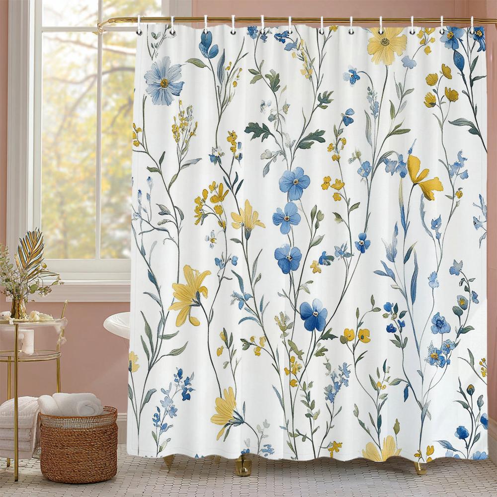 Spring Small fresh Floral , leaves Shower Curtain, Bathroom Decorative Shower Curtain, Waterproof Shower Curtain with Hooks