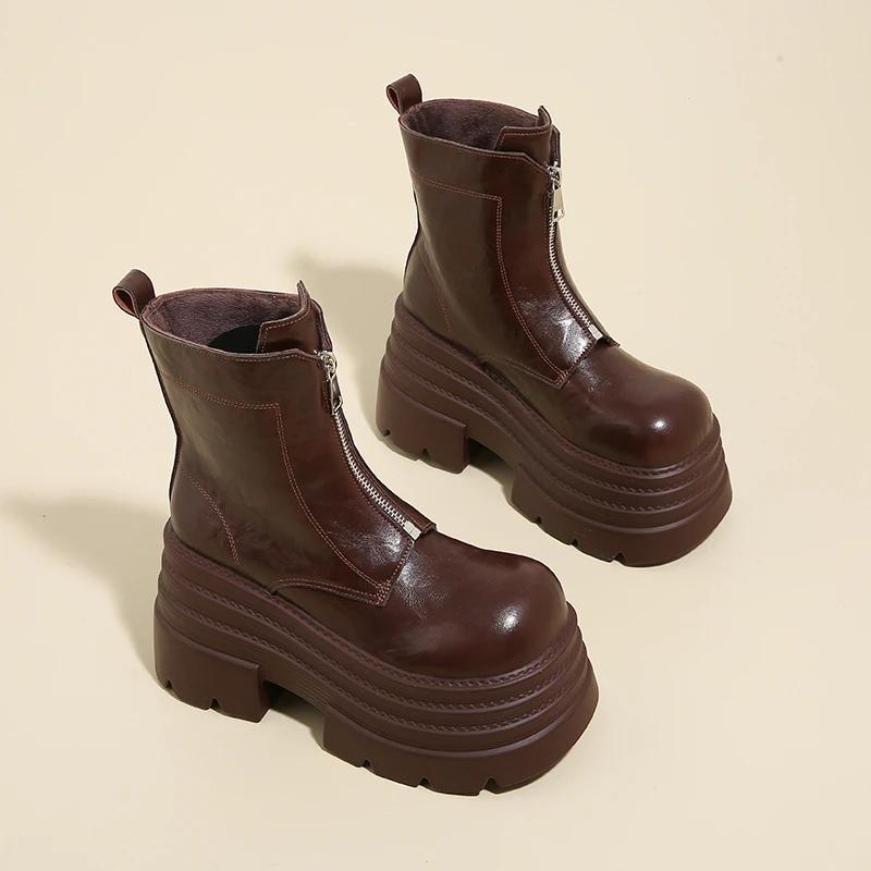 Ankle Boots for Women Winter 10CM Motorcycle Boots Thick Heels Platform Leather Sneakers Woman Zip Chunky Short Combat Boots
