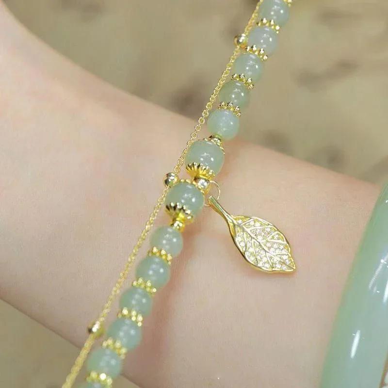 Women Exquisite Gold Color Leaves Wrist Strap Bangle Double Chain Bracelet Girls Gifts Chinese Style Green Jade Bracelet