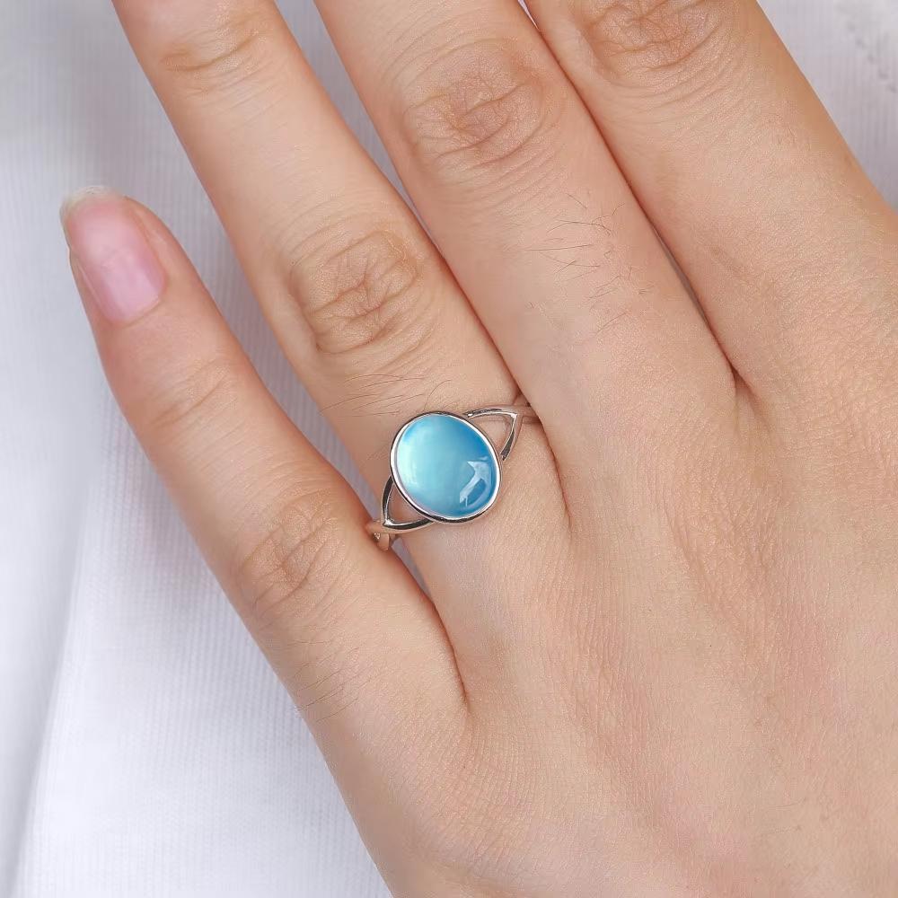 S925 Silver Aquamarine Rings Simple Rings Blue Natural Stone Oval 8*10mm Party Gifts Fine Jewelry Rings For Women